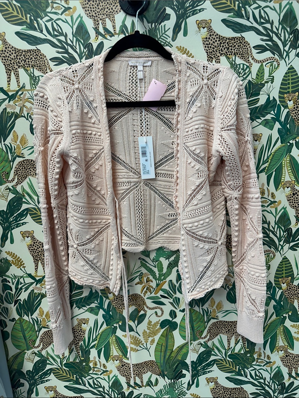 Rebecca Taylor Open-Front Crochet Knit Cardigan Sweater - light pink S NWT